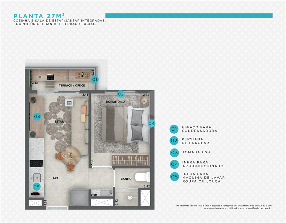 Apartamento para venda com 27,23 m², um dormitório, um banheiro, uma sala de estar com cozinha aberta e terraço em Pinheiros-SP