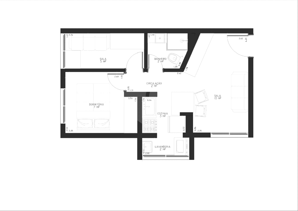 Apartamento com 48 m² AU, 2 quartos nos Campos Elisios