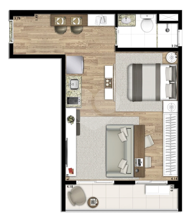 Studio no bairro da Liberdade. 26 metros quadrados. Moderno. Com 1 suíte, Sala com sacada