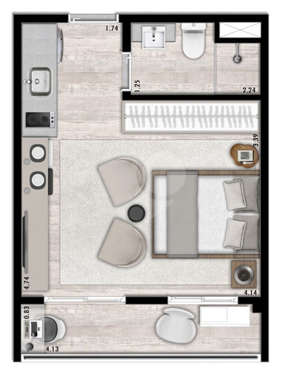 Studio no bairro da Liberdade. 26 metros quadrados. Moderno. Com 1 suíte, Sala com sacada