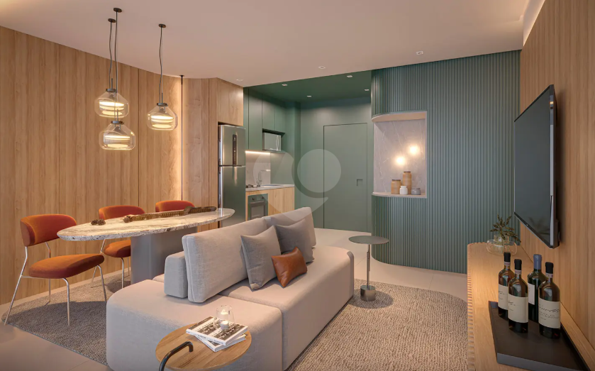 Perspectiva do living com terraço integrado