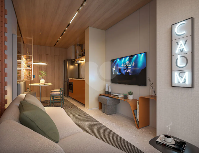 Perspectiva do living com terraço integrado