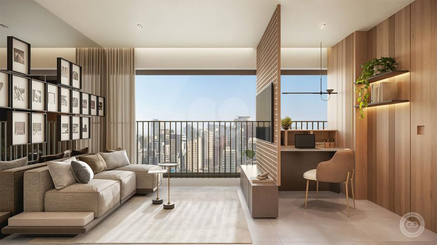 Perspectiva Ilustrada do Living e Home Office - 33m²
