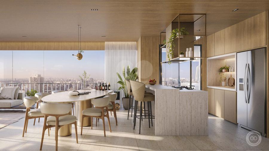 Perspectiva Ilustrada do Living com Cozinha Integrada  - 115m²
